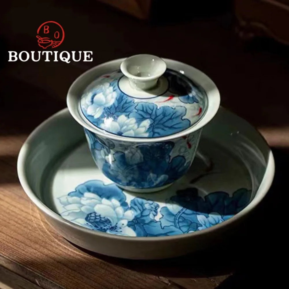 135ml Blue and White Sancai Covered Bowl Tea Tureen Hand Painted Lotus Fish Lotus Chinese Style Household Ceramic KungFu Tea Set