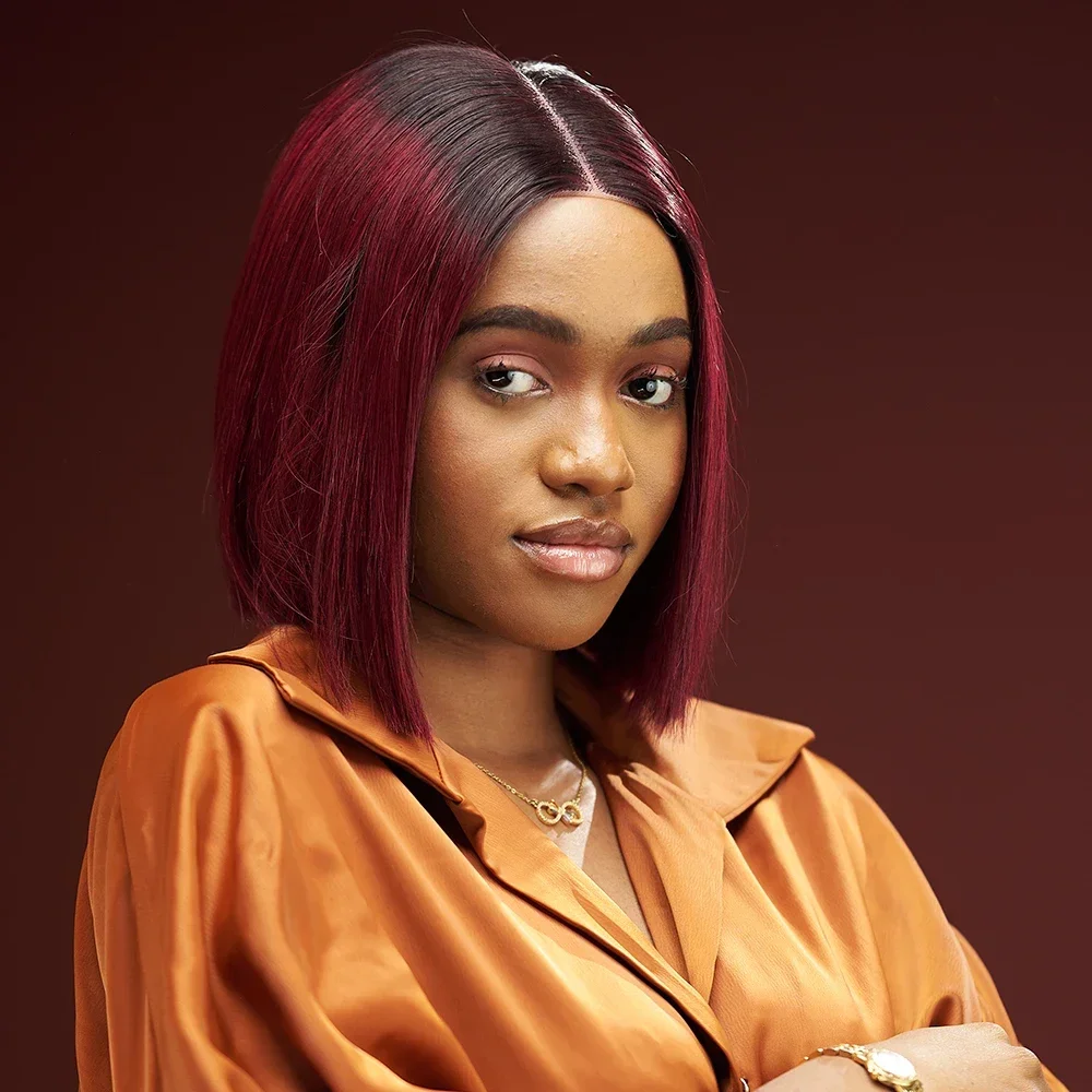 Human Hair Wig 99J Wine Red Short Bob Virgin Brazilian Bone Straight Bob Hair 2x6 Lace Closure Wig for Women with Baby