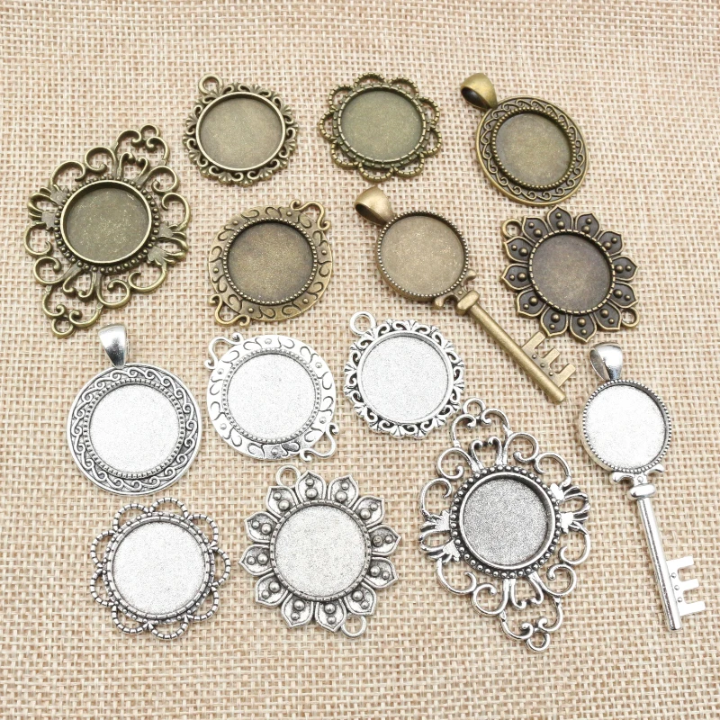 10pcs 14mm 16mm 18mm Innere Größe Antike Bronze Silber Überzogene Textur Verbindung Stil Cabochon Basis Cameo einstellung Charms Anhänger