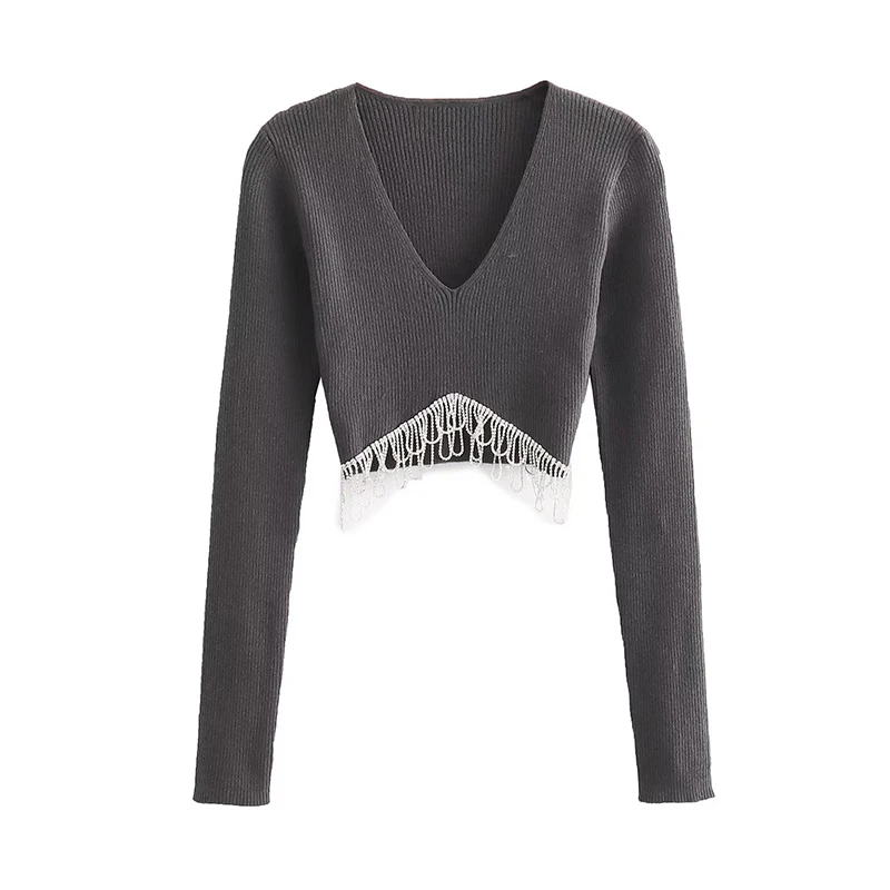 

Женский мягкий укороченный свитер с аппликацией бахромы YENKYE, Осенний облегающий пуловер с длинным рукавом и V-образным вырезом, топы