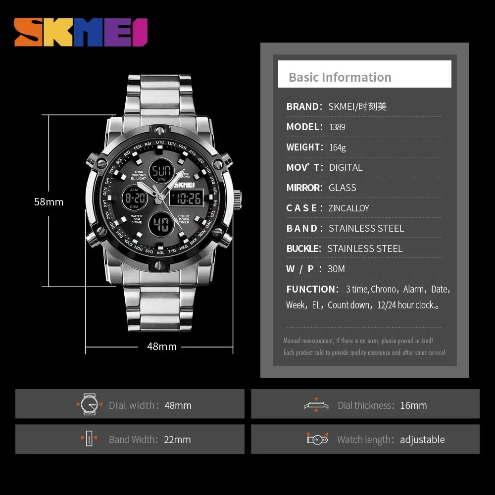 Skmei Countdown Steel Strap Wristwatch Clock Relogio Masculino Digital Quartz Watch Men Three Time Quartz Wrist Mens Watch 1389 - Image 6