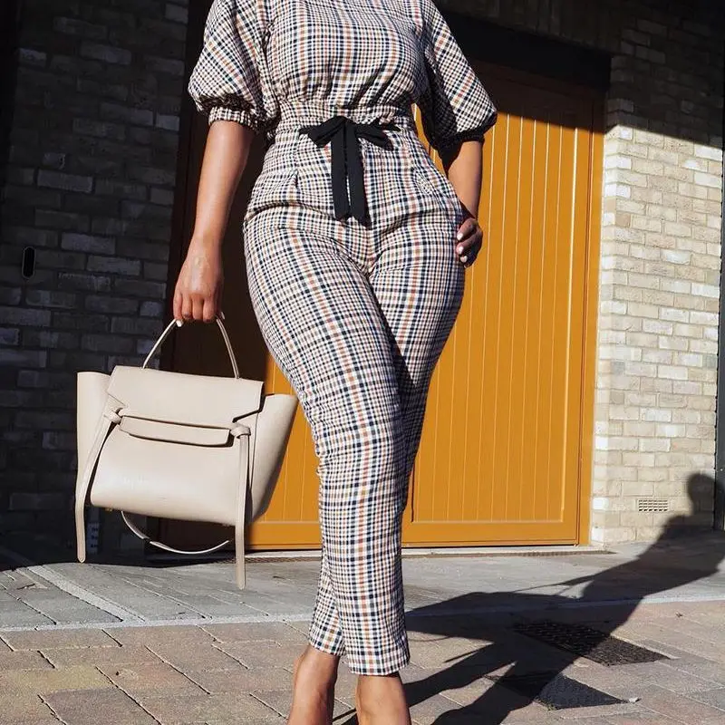 

Plaid Print Lantern Sleeve Tied Detail Jumpsuit 2023 Women Autumn Jumpsuits One Piece High Waist Pants Overalls Rompers