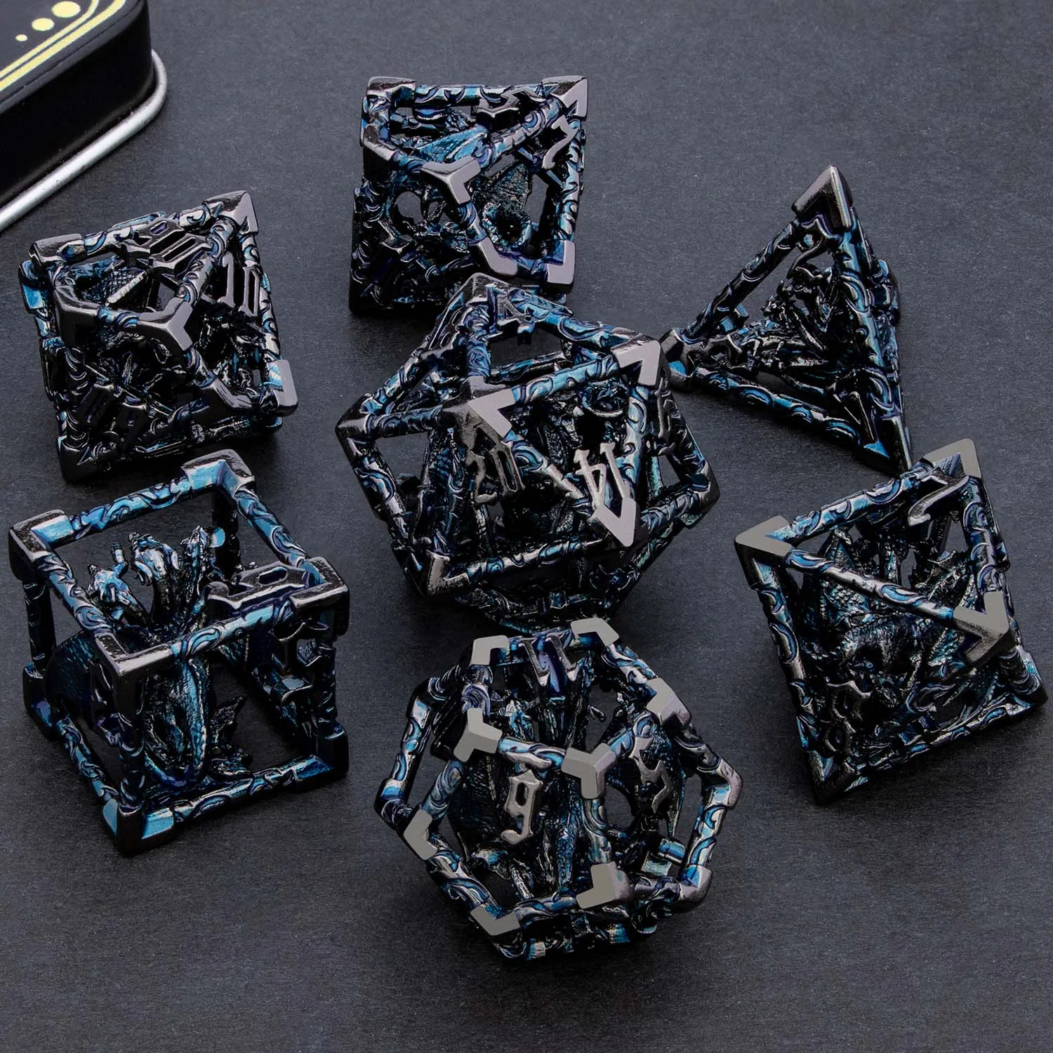 DND Metal Hollow Dragon Dice Set D20 D6 Polyhedral RPG Table Role Playing Game