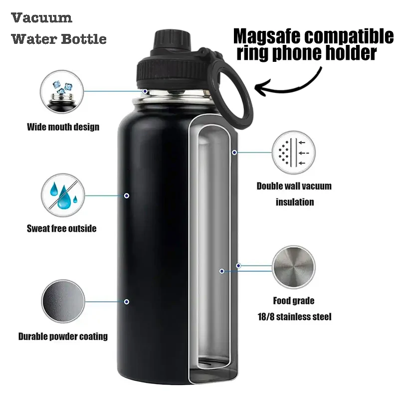 For MagSafe 32oz 1000ML Insulated Bottle with Rotating Phone Holder Water Bottle Thermal Water Cup Vacuum Mug for Outdoor Sports