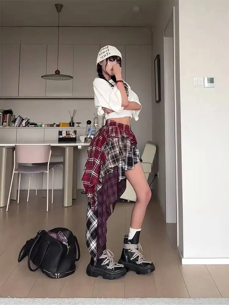 Y2K Women's Skirt Irregular Plaid Patchwork Summer Spice Girl Design A-line Skirt Trendy Pleated Streetwear Harajuku HCO2