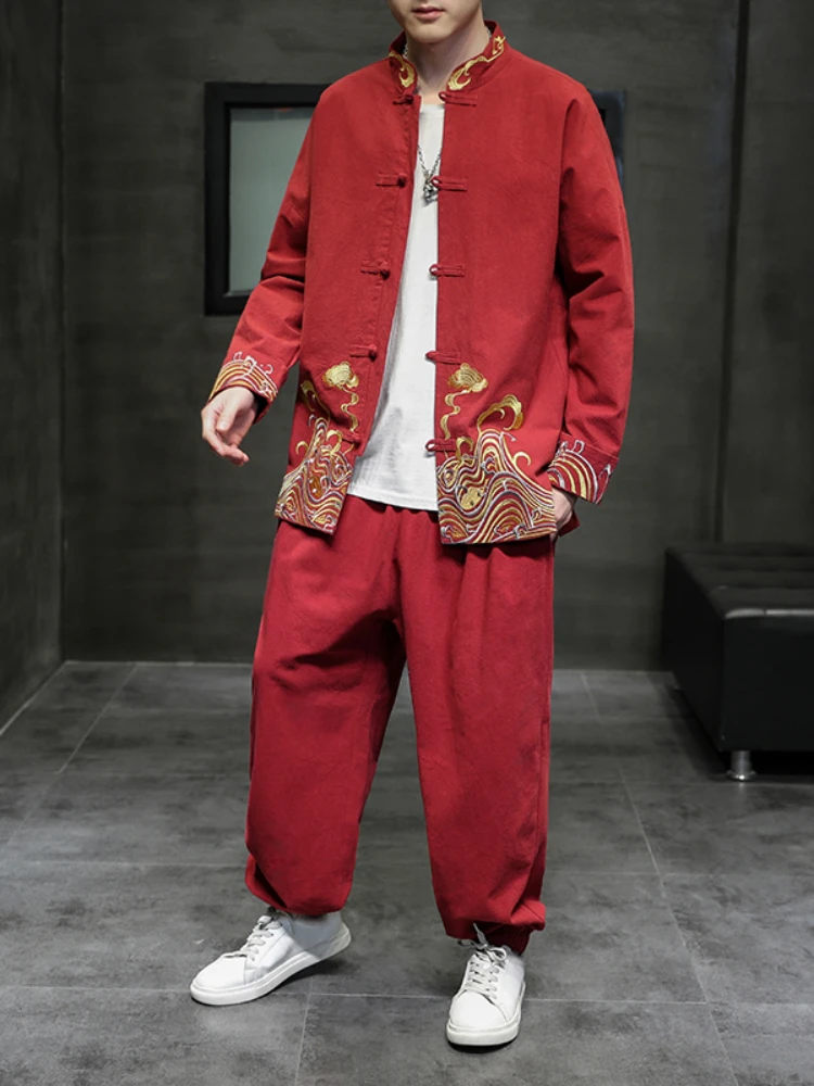 Jacket Coat Cotton and Linen Suit Retro Chinese Style Men's Clothing Geometric Pattern Embroidery Hanfu Single-Breasted Clothing