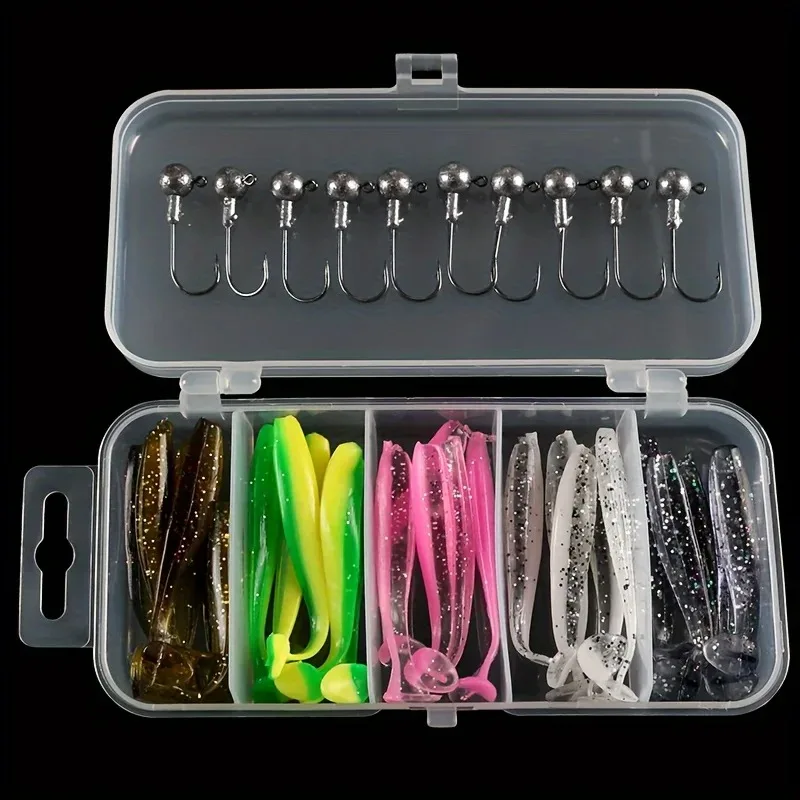 New 25PC Soft Fishing Lures Kit Silicone Lure Set Artificial Bait Worm with Crank Jig Head Hook Fishing Tackle Accessories