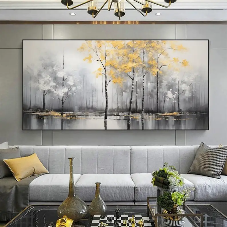 Minimalist Tree Oil Painting On Canvas Large Wall Art Custom Painting Golden Decor Original Birch Art Autumn Modern Home Decor