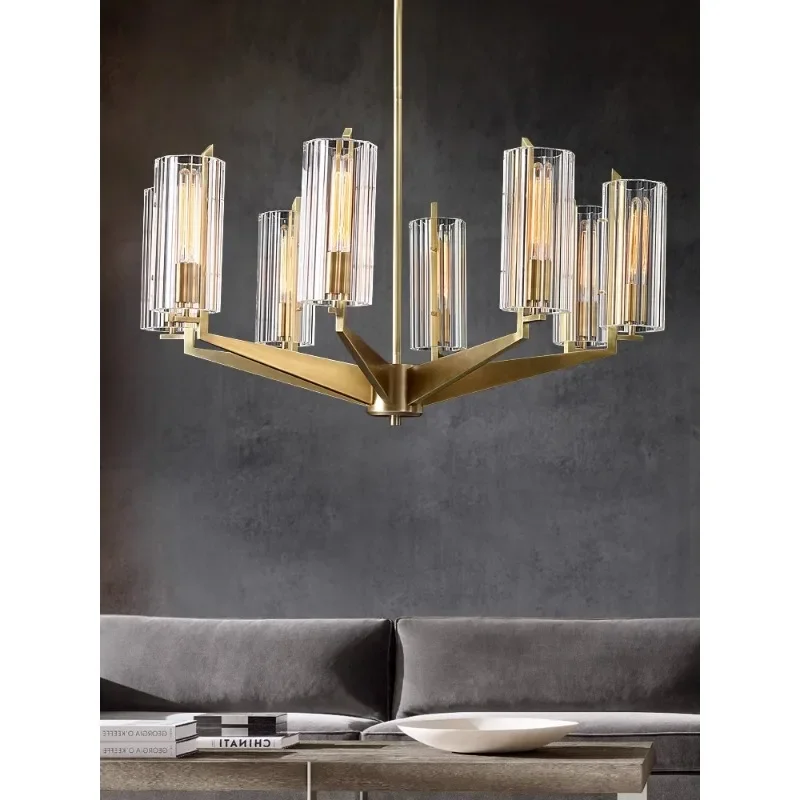 

Pinen American chandelier all-copper living room lamp, post-modern simple high-end villa duplex building, light luxury crystal l