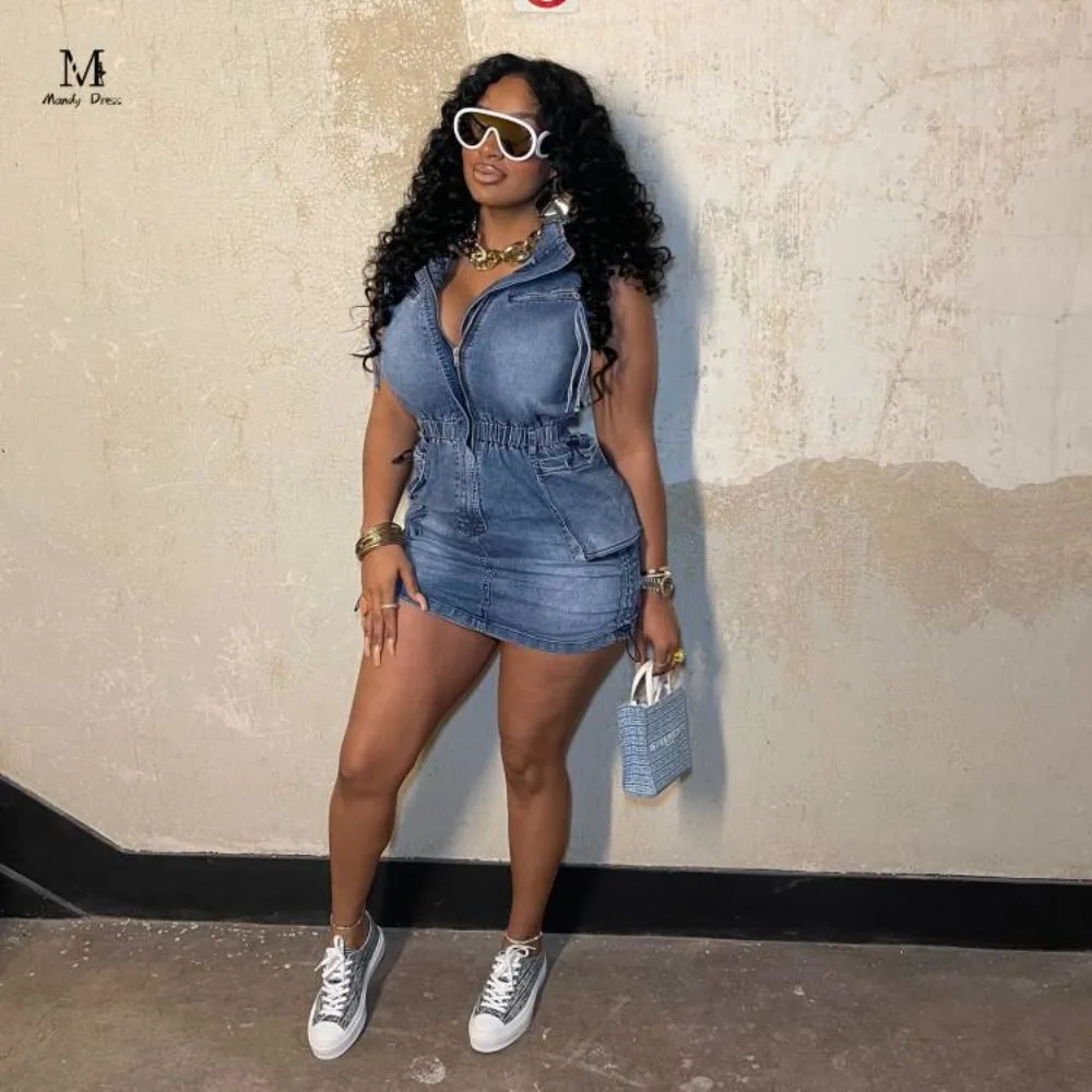 

Fashion Women's Sleeveless Dress Cotton Denim Drawstring Zipper Bodycon Cloting Summer Sexy Lady Street Mini Dress Hot Sale