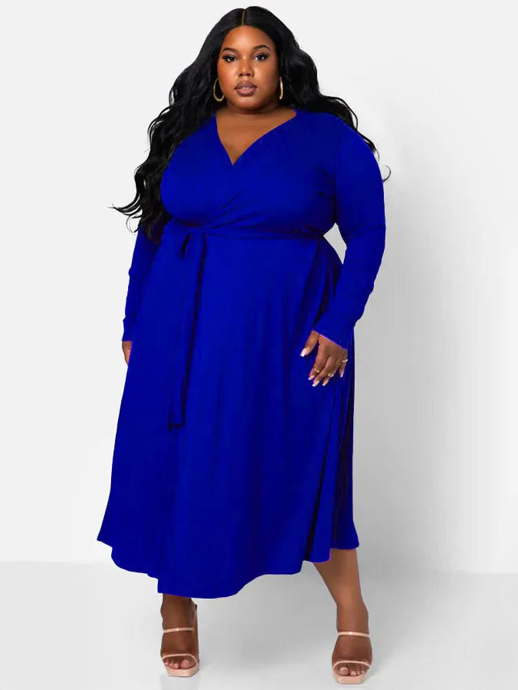 Elegant Casual Women Dresses Stretch Soft Knitted Midi Dress Plus Size Lady Clothes Ribbed Knit Dress Wholesale Dropshipping