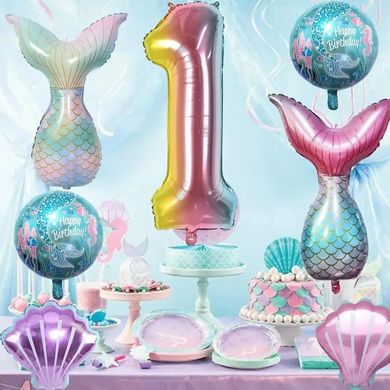 7pcs Mermaid Birthday Decorations Helium Foil Balloon Mermaid Tail Balloons for Kids Rainbow Number Seashell Party Baby Shower