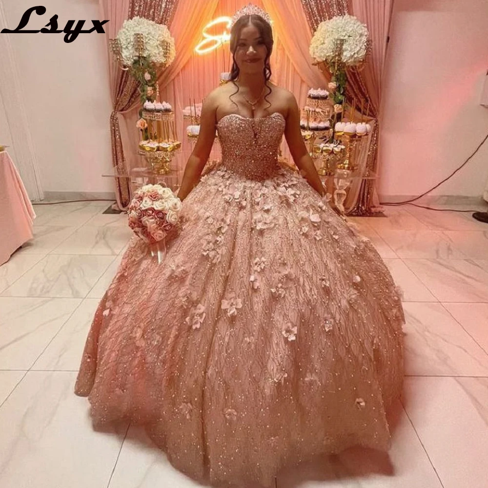 LSYX Strapless Sleeveless Sweetheart Quinceanera Dresses 2022 Sparkly Tull Princess Floral Ball Gown Appliques Prom Dress