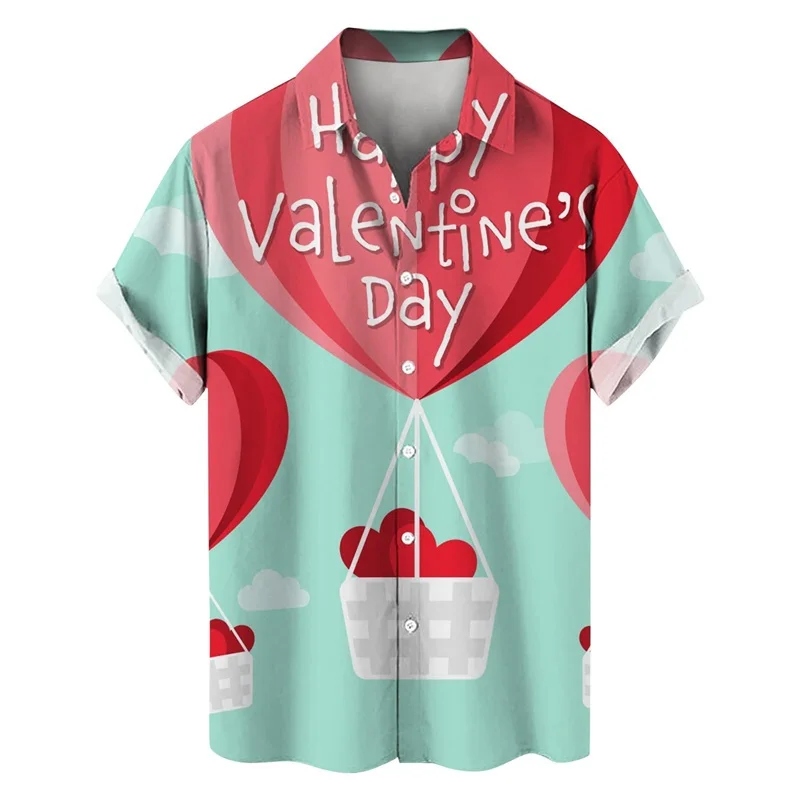 thumbnail image 1 of Camisetas de manga corta para hombre, con estampado 3D de amor, gráfico, camisas de botones para el día de San Valentín, blusa informal de verano para playa para hombre, 1 of 4