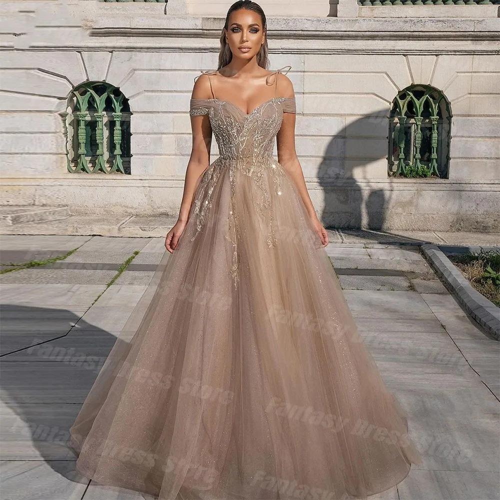 

Fashion Tulle Crystal Beaded Applique Formal Prom Dress A-line Short Sleeve Off Shoulder Sweetheart Wedding Evening Dresses