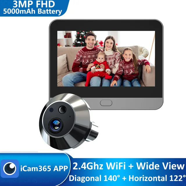 Mini caméra de porte judas numérique intelligente 3MP, 2.4Ghz, WiFi, infrarouge, Vision nocturne IR, détection de mouvement PIR, visionneuse numérique, application iCam365 1