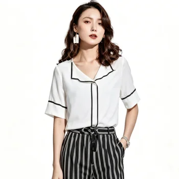 French summer short sleeve fashionable loose casual commuting top color blocking women's clothing 1