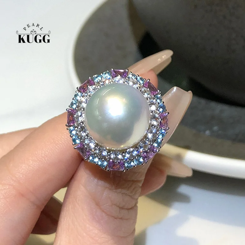 

Кольцо KUGG PEARL18K женское из белого золота, сверкающее Ювелирное Украшение с натуральным австралийским белым жемчугом 13-14 мм, с аквамарином, с бриллиантами