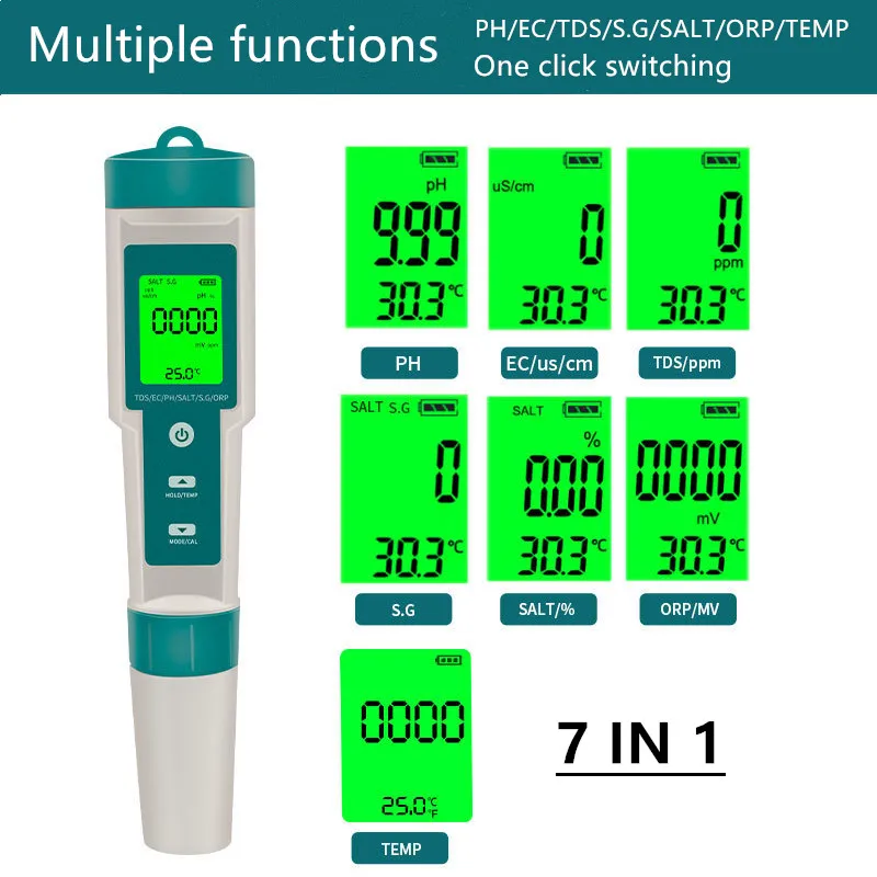 7 in 1 Multifunctional Water Quality Test Pen High Accurancy LCD Backlight PH/ORP/EC/TEMP/SALT/S.G/TDS Waterproof Measuring