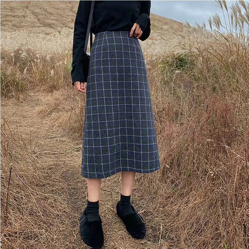 Midi Skirt Woolen Women Vintage Elastic High Waist Plaid Harajuku Skirt Autumn Winter Korean Loose Teens College A-Line Skirt