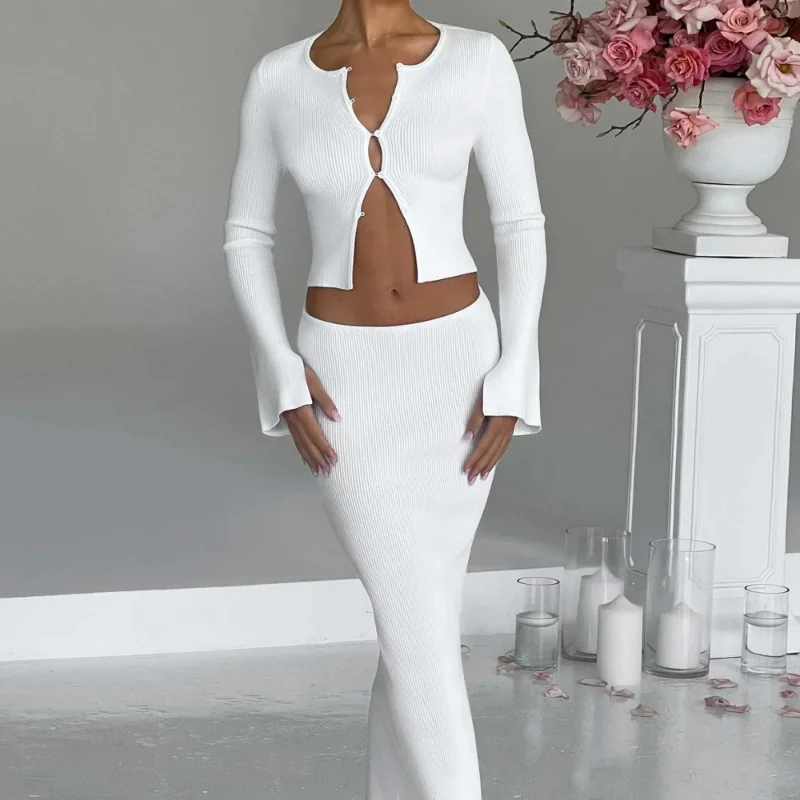 

Solid Knitted 2 Piece Dress Sets 2023 Fall Winter Split Full Sleeve Shirts Crop Tops Bodycon Long Skirts Fashion Casual Suits