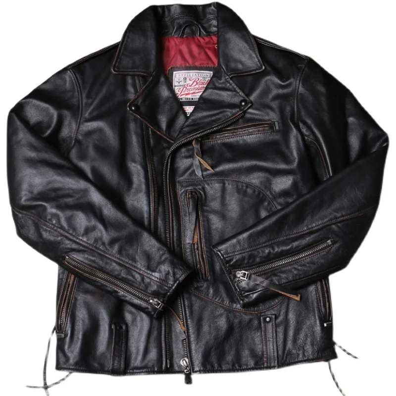 

2022 Vintage Brown Motorcycle Style Leather Men's Jacket Genuine Natural Cowhide Winter Thickening Warm Motorcycle Jacket