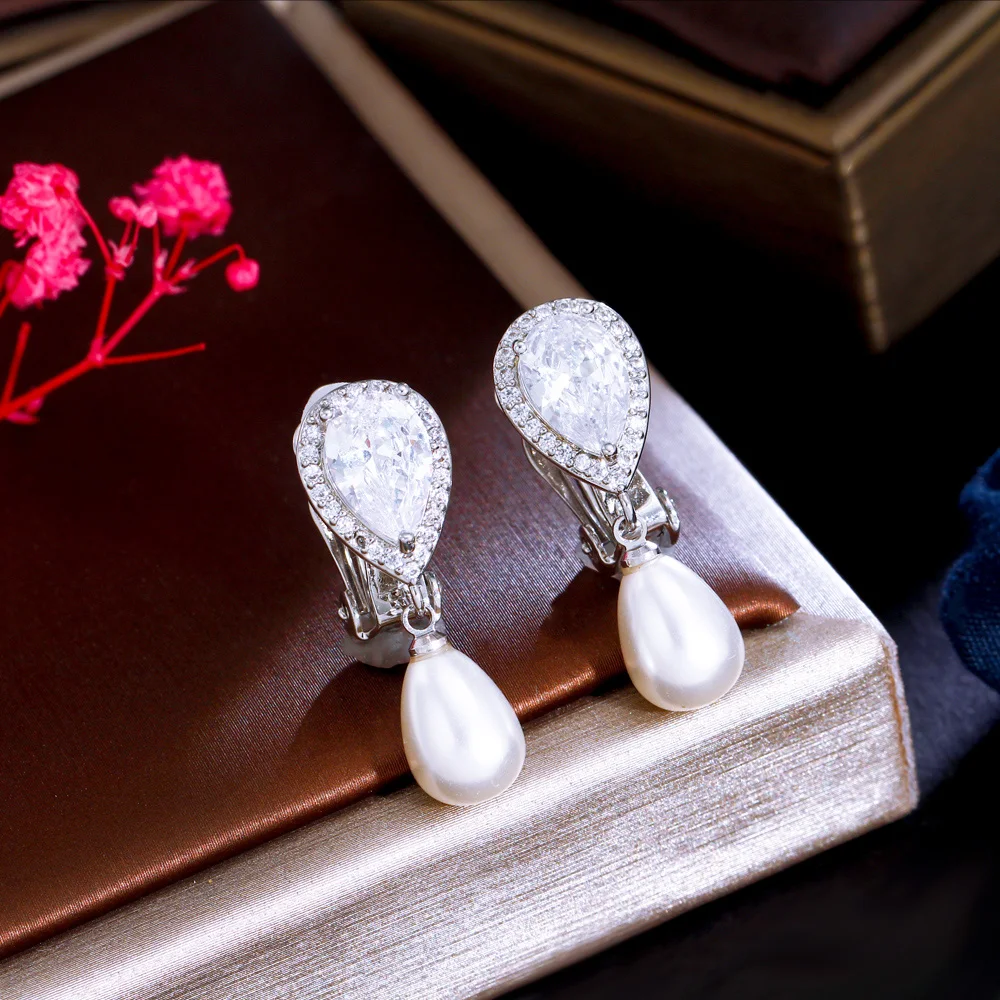 CWWZircons Elegant Design Shiny White Cubic Zircon Dangly Bridal Wedding Party Clip on Pearl Earrings No Piercing Hole CZ496 2