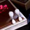 CWWZircons Elegant Design Shiny White Cubic Zircon Dangly Bridal Wedding Party Clip on Pearl Earrings No Piercing Hole CZ496 2
