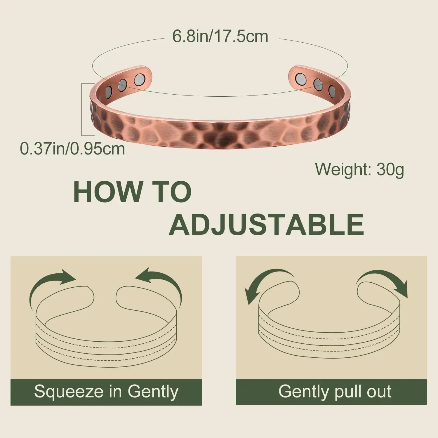ARADOO Copper Bracelet Magnetic Hammered Pure Copper 3500 Gauss Magnets Adjustable Cuff Bangle Jewelry Gift 6