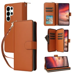 Deluxe Leather Flip Wallet Case with Long Lanyard and Cardholder - Galaxy S23 Ultra (Brown)