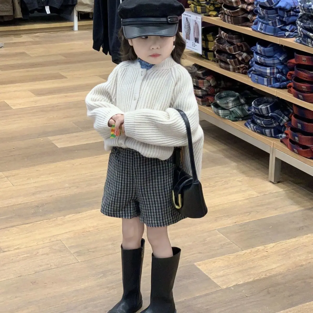 

Girl Suit 2023 New Autumn Winter Korean Fashion Style Sets Baby Girl Long Sleeve Knit Sweater Plaid Shorts Two Piece Suit