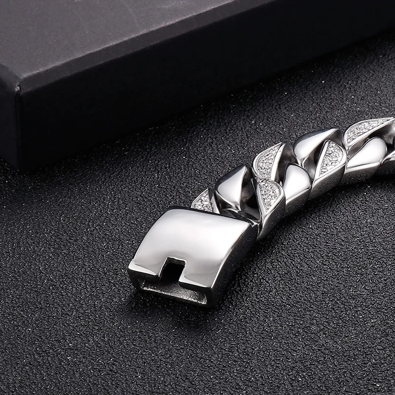Fongten 22 cm Kubanischen Kette Armbänder Für Männer Zirkon Edelstahl Kette Handgelenk Armbänder Gothic Männlichen Armreif Silber Farbe schmuck – Detail 11