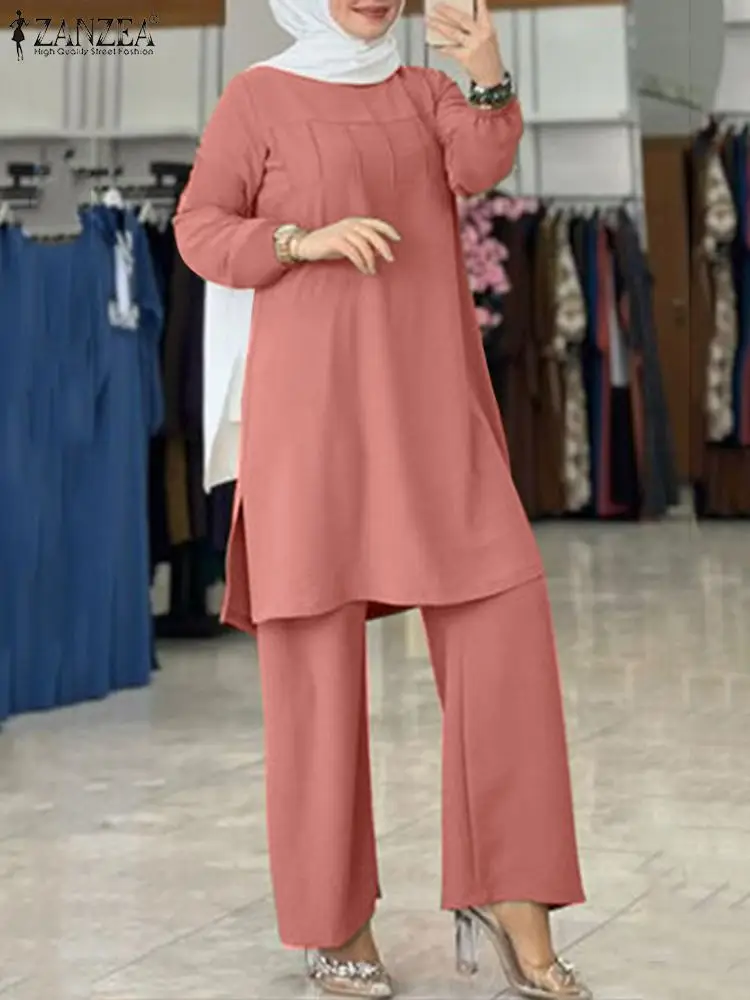 

Elegant Muslim Sets Fashion O-Neck Long Sleeve Blouse Wide Leg Pant Sets ZANZEA Women Tracksuits Casual Solid Matching Sets
