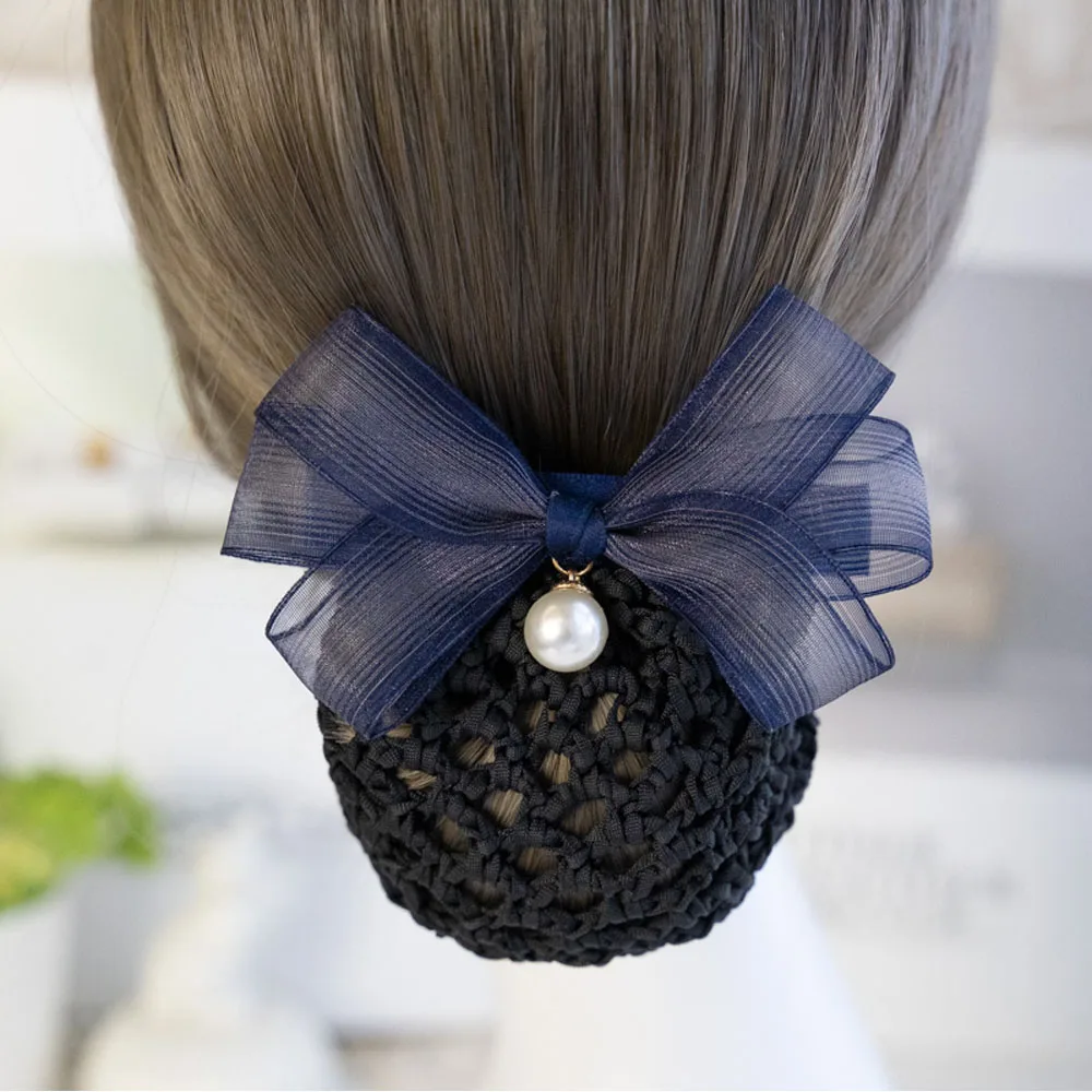 High Quality Women Hair Barrette Clip Net Yarn Bow Office Flight Attendant Accesories Ribbon Bun Cover Mesh Snood Headwear