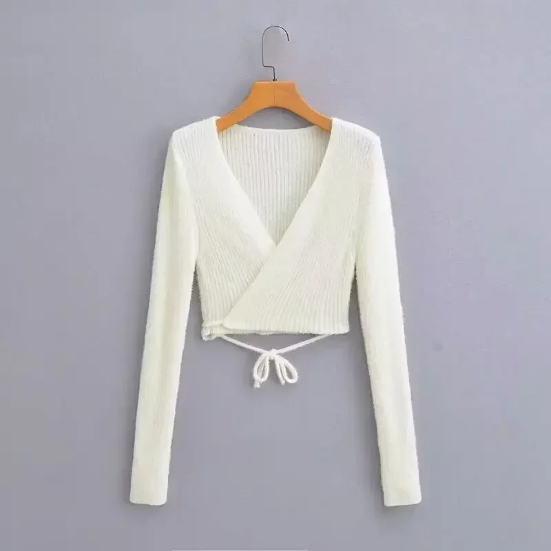 

Женский трикотажный топ на шнуровке, короткий эластичный облегающий топ с V-образным вырезом и длинными рукавами в стиле ретро, женские пуловеры, шикарные топы