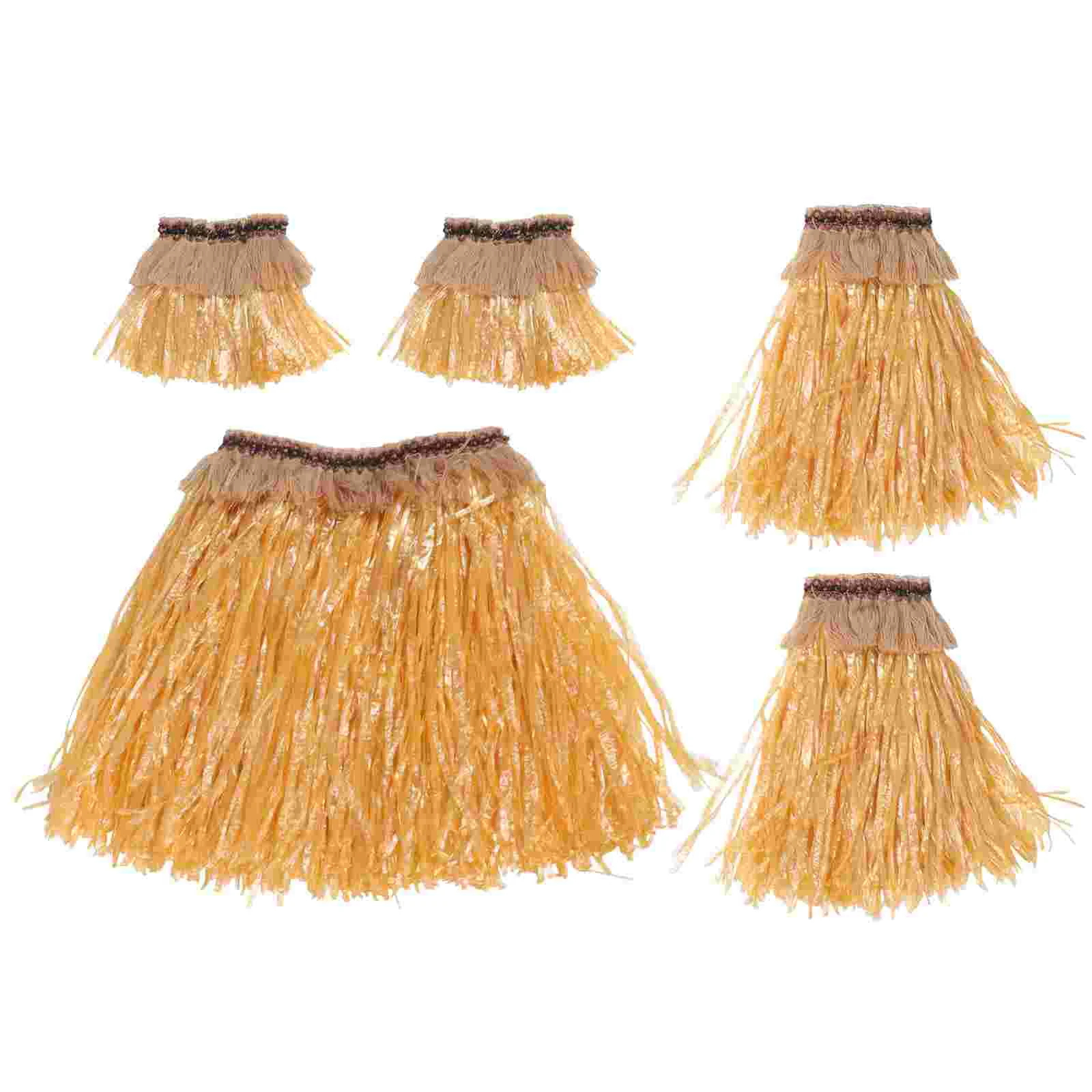 5 Pcs Grass Skirt Set With Arm Leg Bands Women Adult Costume Tribal Fringe Plastic Elastic Waistband Hawaiian Straw Color Dancer