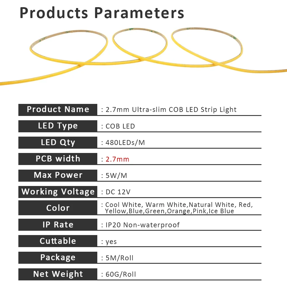 5m 2.7mm COB LED 스트립 라이트 DC12V 480LED/m 초슬림 고밀도 플렉시블 리본 FCOB 테이프 램프 웜 쿨 화이트 아이스 블루 레드