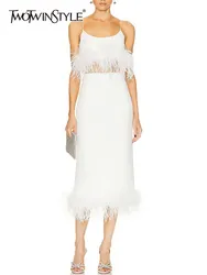 TWOTWINSTYLE Solid Spliced Feathers Two Piece Sets For Women Square Collar Sleeveless Tops High Waist Skirt Elegant Set Female