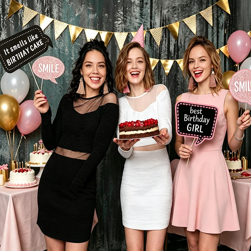 로즈 골드 글리터 생일 사진 부스 소품 생일 축하 파티 장식 소녀 여성 셀카 사진 스티커 재미있는 파티 용품