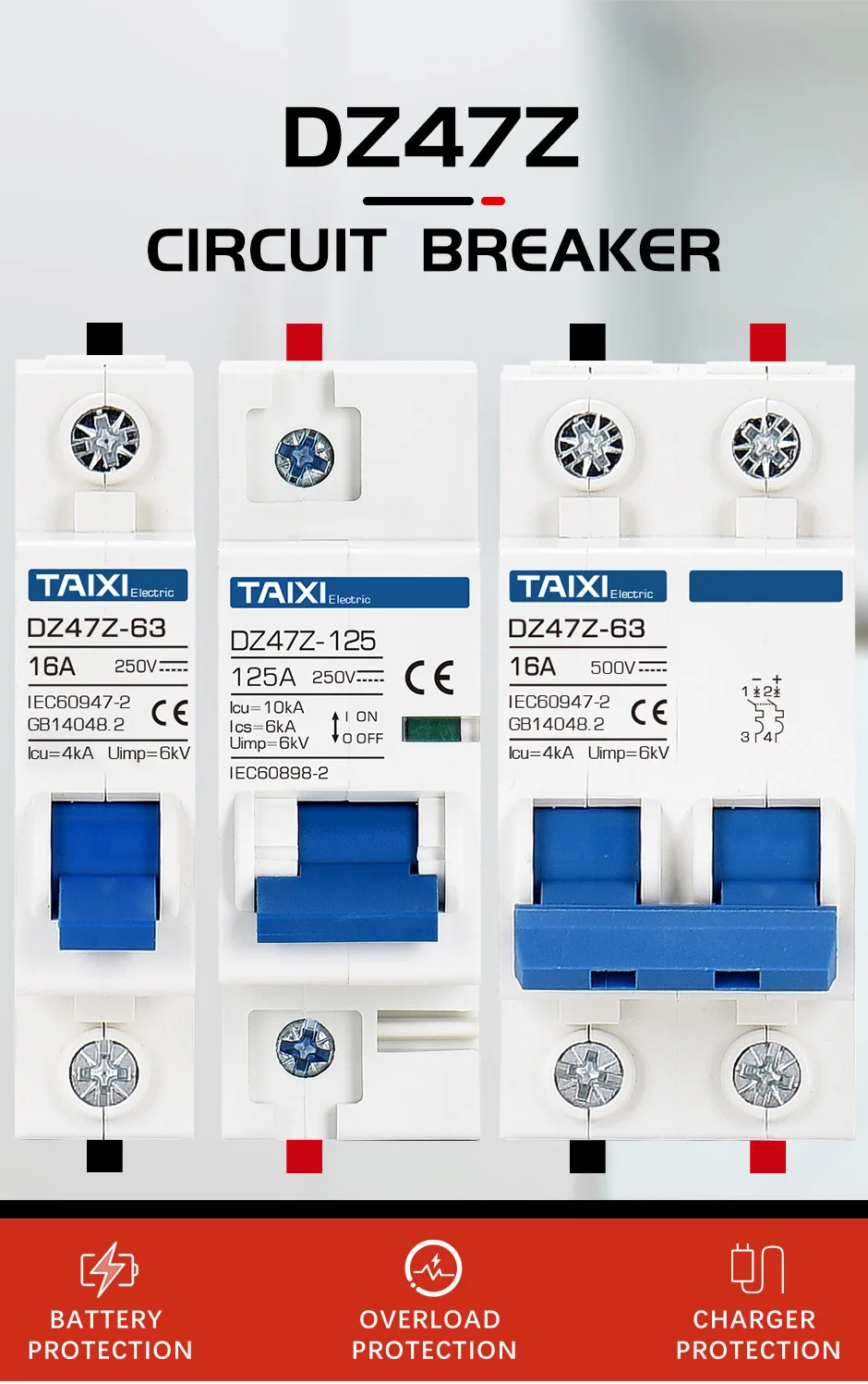 Description Picture 2 of itemDC Miniature Circuit Breaker 16A 25A 32A 40A 63A 125Amp 500V 1P 2P MCB Disconnect Switch For Solar Battery Panel PV System