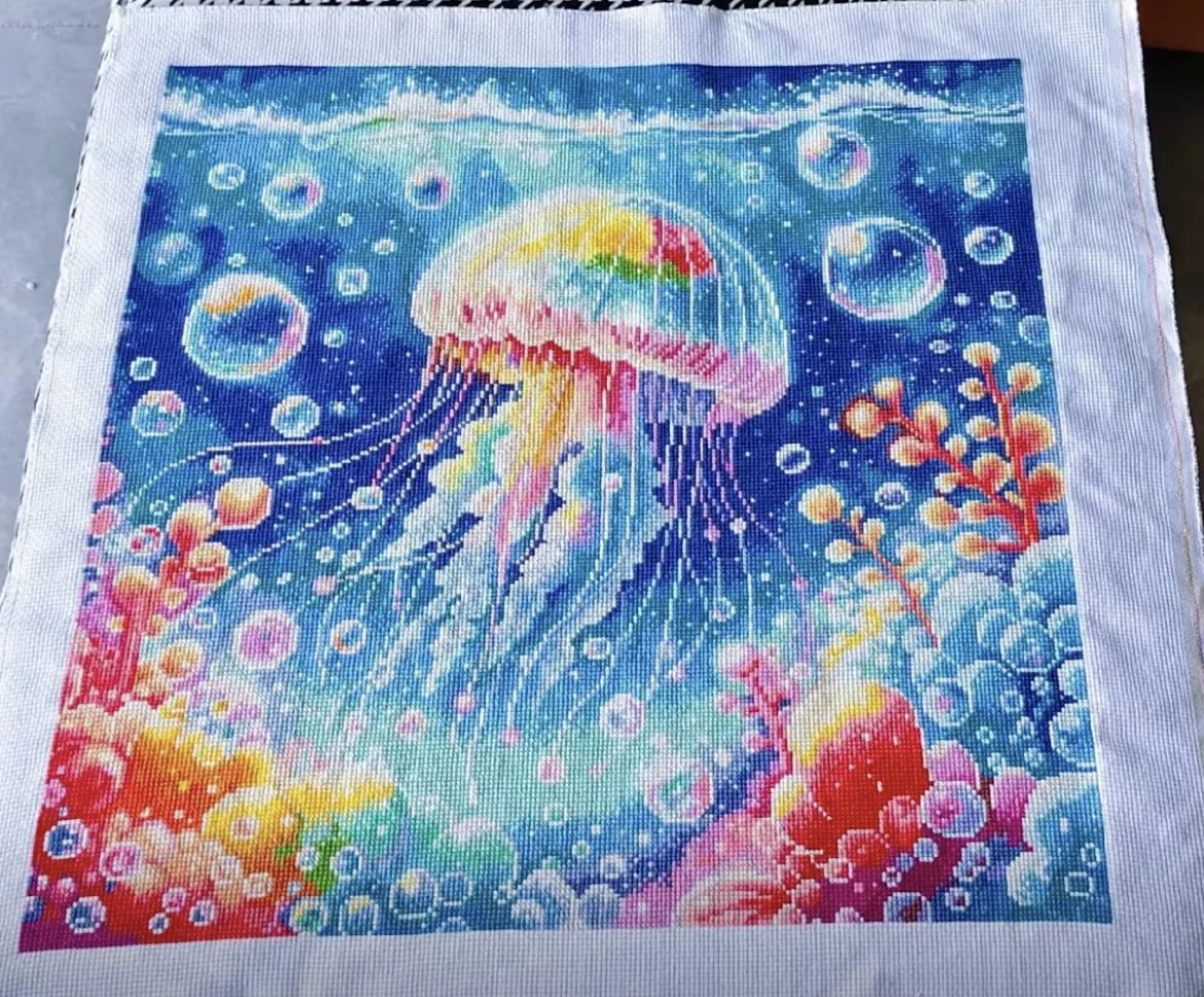 9ct 75x75cm Colored jellyfish Embroidery DIY Printed Kits Cross Stitch Thread Needlework Sets Home Decor Crafts