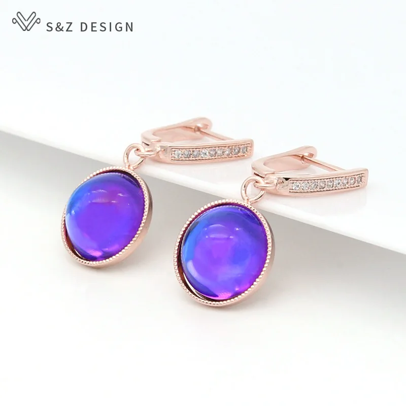 S&Z DESIGN New Fashion Luxury Colorful Round Crystal Dangle Earrings For Women 585 Rose Gold Color Wedding Jewelry Party Gift