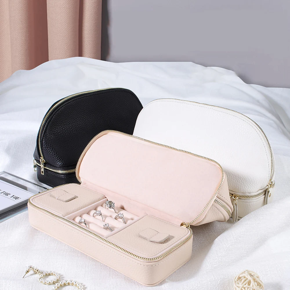 INS Style Double-Layer Jewelry Storage Zipper Bag PU Leather Earrings Makeup Bag Lipstick Ring Storage Box Girls Portable Travel