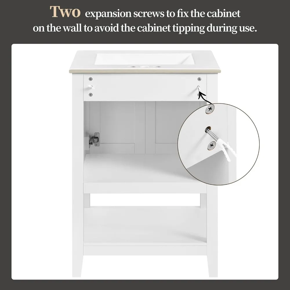 24" Bathroom Vanity with Sink, Sink Cabinet with Rectangular Ceramic Basin, Vanities Cabinet with 2 Doors and 1 Open Shelf,White 6