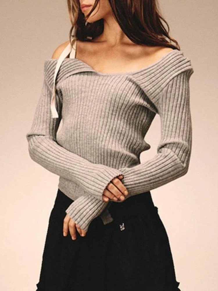 

HOUZHOU Vintage Sexy Elegant Knitted Pullovers Women American Retro Prevalent Bow Bandage Slash Neck Slim Sweater Spring 2024