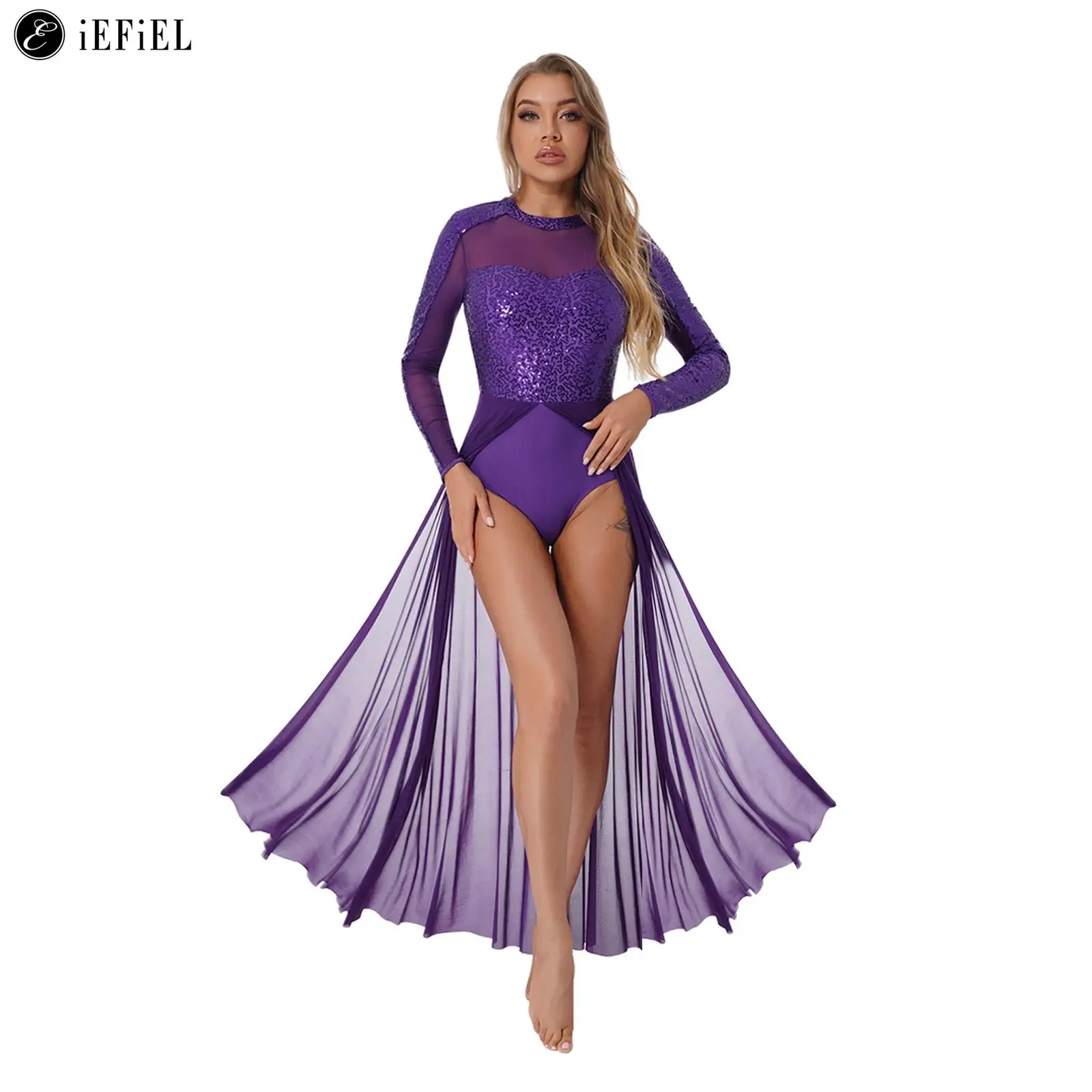 

Womens Lyrical Dance Dress Modern Contemporary Dancewear Costume Long Sleeve Ballet Split Tulle Skirt Flowy Overlay Dress