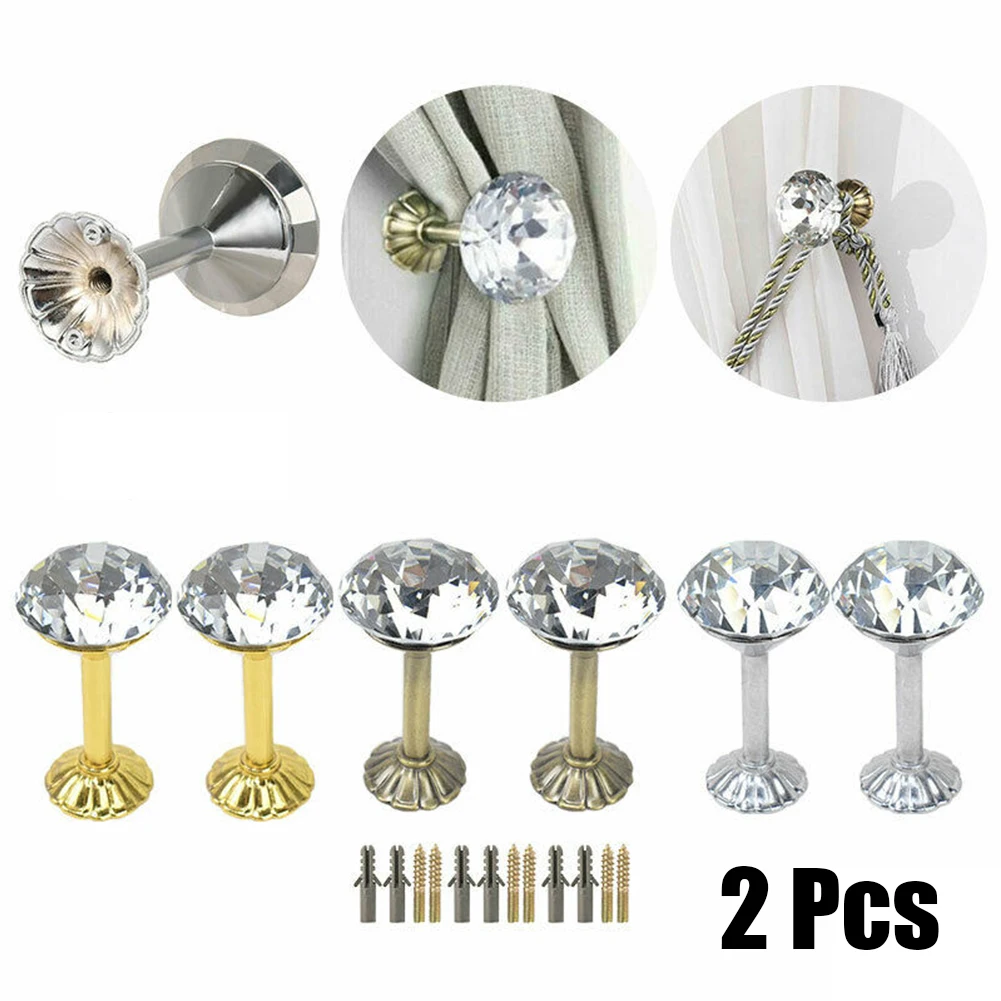 2Pc Crystal Curtain Holdbacks Hooks Wall Tie Backs Hooks Hanger Zinc Alloy Exquisite Diamond Wall Holder For Curtain Decoration