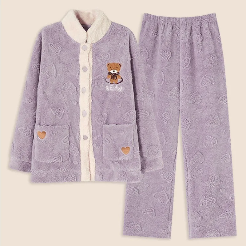2024 New Youth Flannel Pajamas Women's Coral Velvet Sweet Sleepwear Suit Girls Autumn Winter Thick Loungewear Set Leisure Nighty