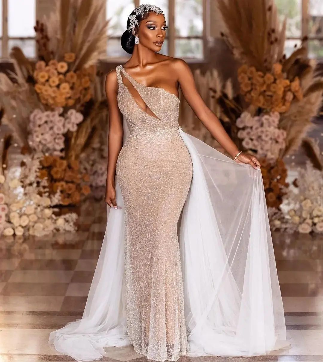 

Роскошные свадебные платья в африканском стиле с юбкой-годе, платья для невесты на одно плечо, Блестящие Блестки и Тюлевая накидка со шлейфом, свадебное платье Aso