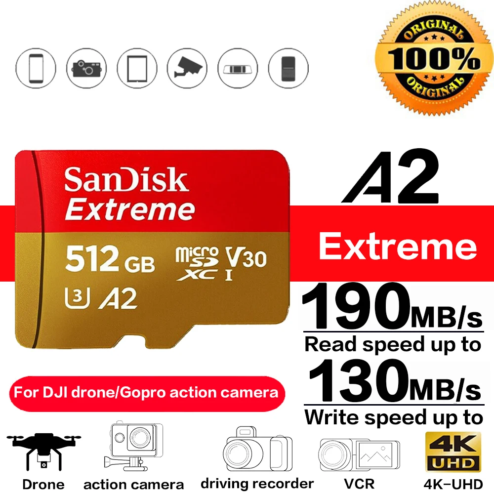 thumbnail image 1 of Micro SD Card Extreme V30 A2 C10 4K Video Memory Pocket 3 DJI Mini 3 OSMO Action GoPro Camera, MicroSD Cards, 1 of 5